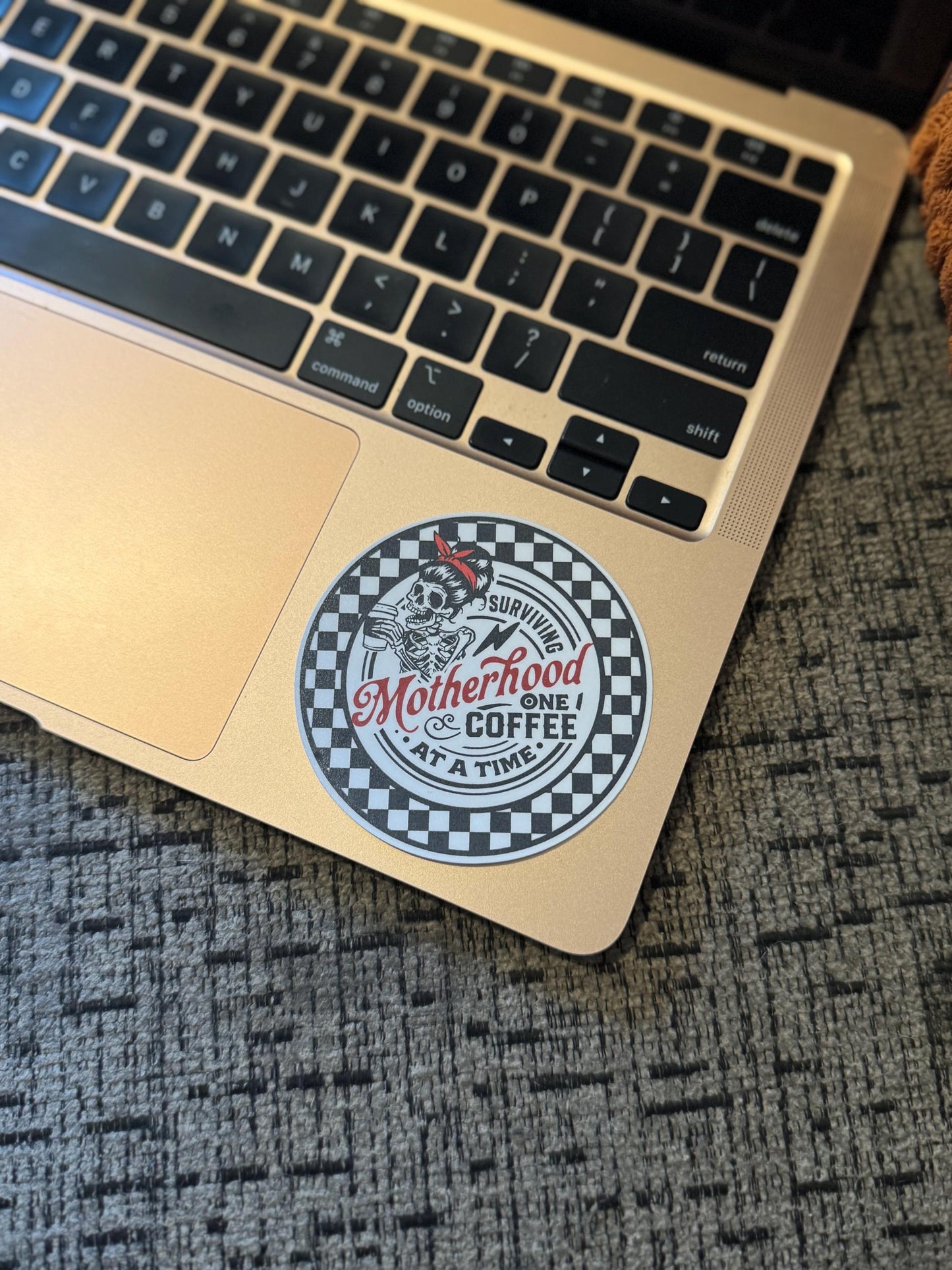 Surviving Motherhood Water-Resistant Sticker – Funny Mom Decal for Laptop, Tumbler, Water Bottle • Gift for Coffee Loving Moms • Rockabilly