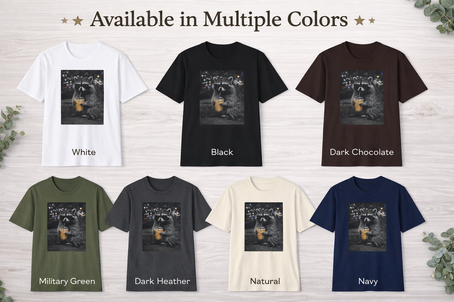 Raccoon Drinking Coffee T-Shirt — Cute Night City Wildlife Graphic Tee