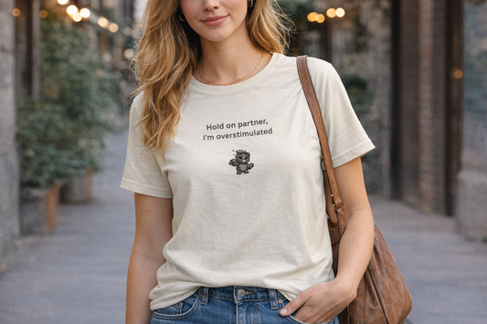 Funny Cowboy Raccoon Shirt, Hold On Partner Im Overstimulated, Cute Western Humor T-Shirt