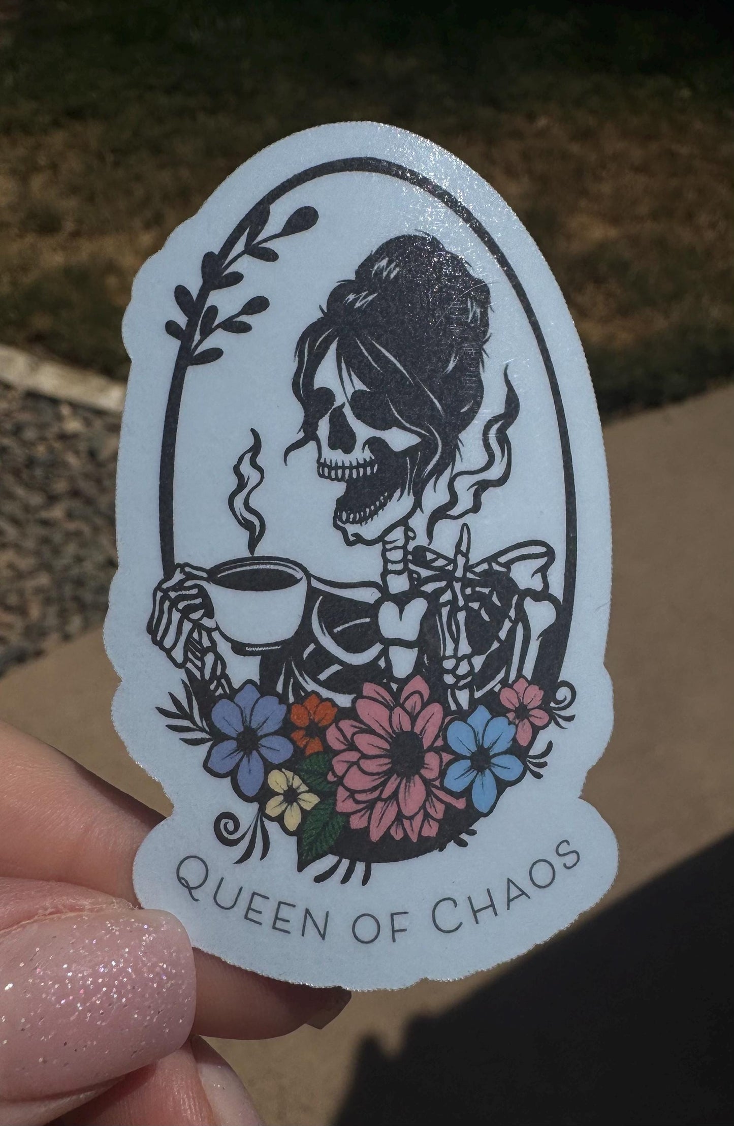 Queen of Chaos Sticker – Funny Skeleton Decal for Laptop, Tumbler, Water Bottle • Water-Resistant Vinyl Sticker • Gift for Moms