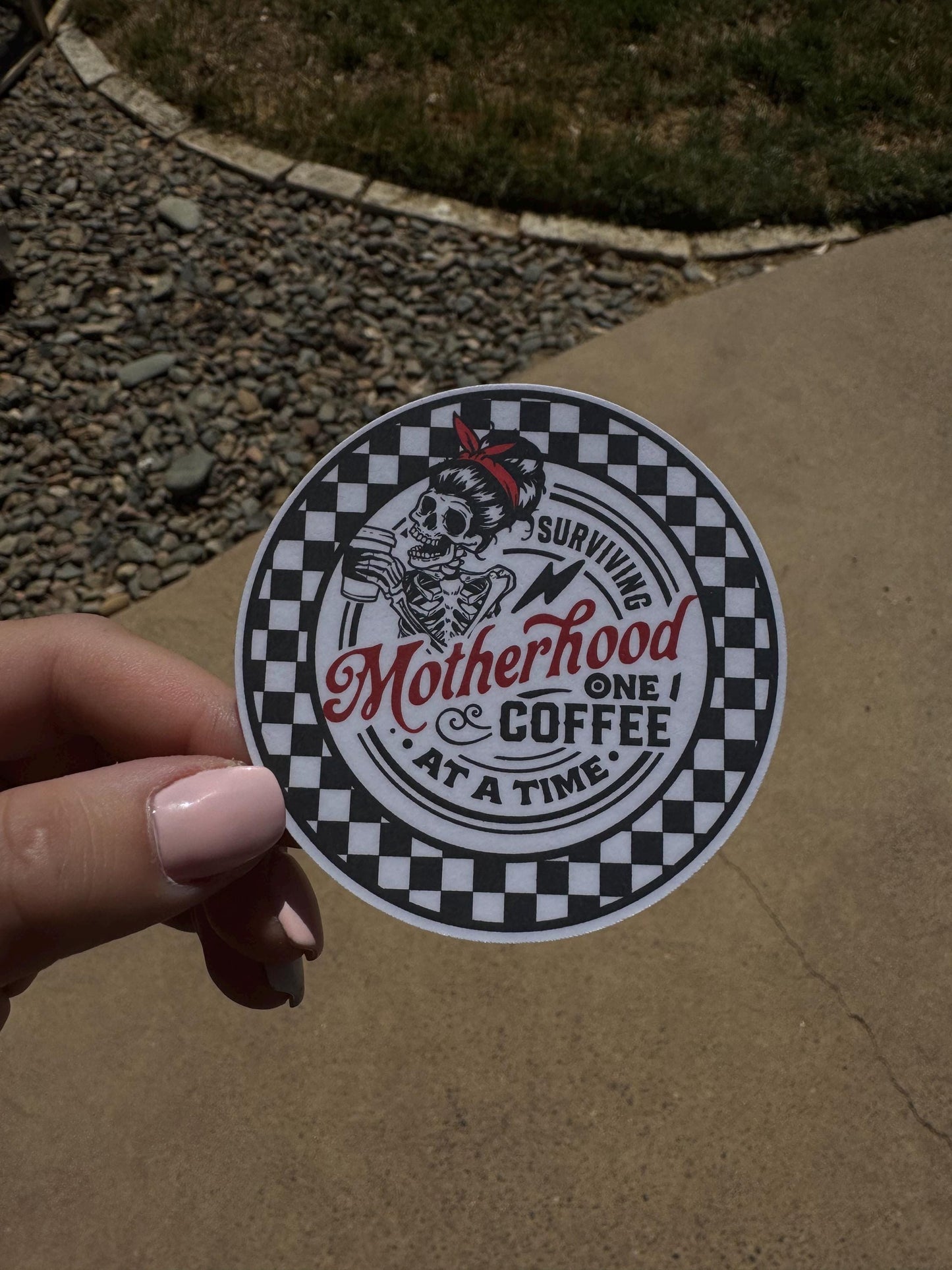 Surviving Motherhood Water-Resistant Sticker – Funny Mom Decal for Laptop, Tumbler, Water Bottle • Gift for Coffee Loving Moms • Rockabilly