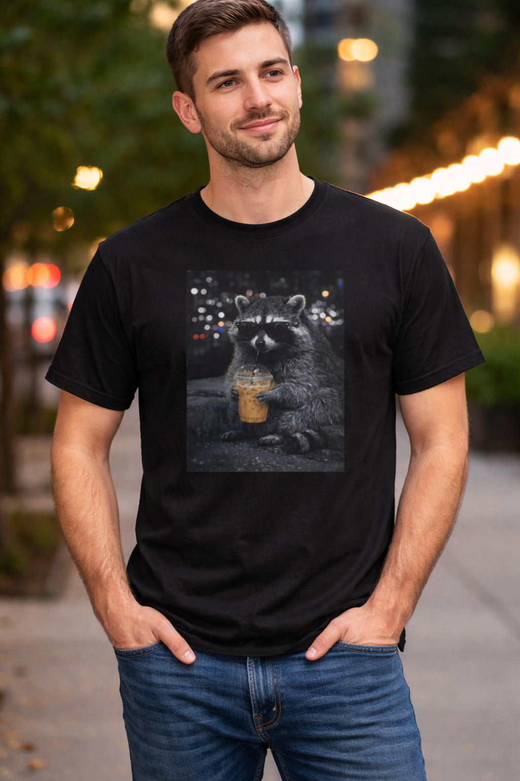 Raccoon Drinking Coffee T-Shirt — Cute Night City Wildlife Graphic Tee