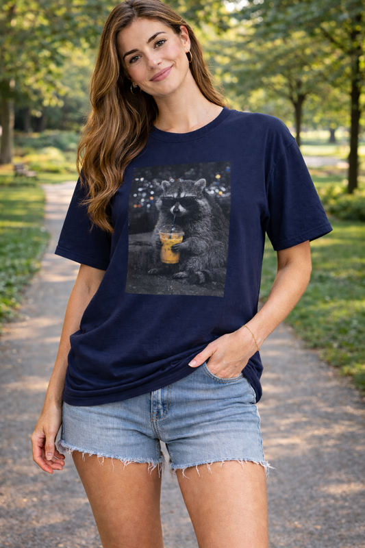 Raccoon Drinking Coffee T-Shirt — Cute Night City Wildlife Graphic Tee