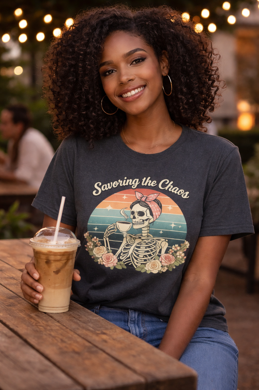 Retro Skeleton Coffee Shirt, Savoring the Chaos Graphic Tee, Vintage Cozy Aesthetic Unisex T-Shirt