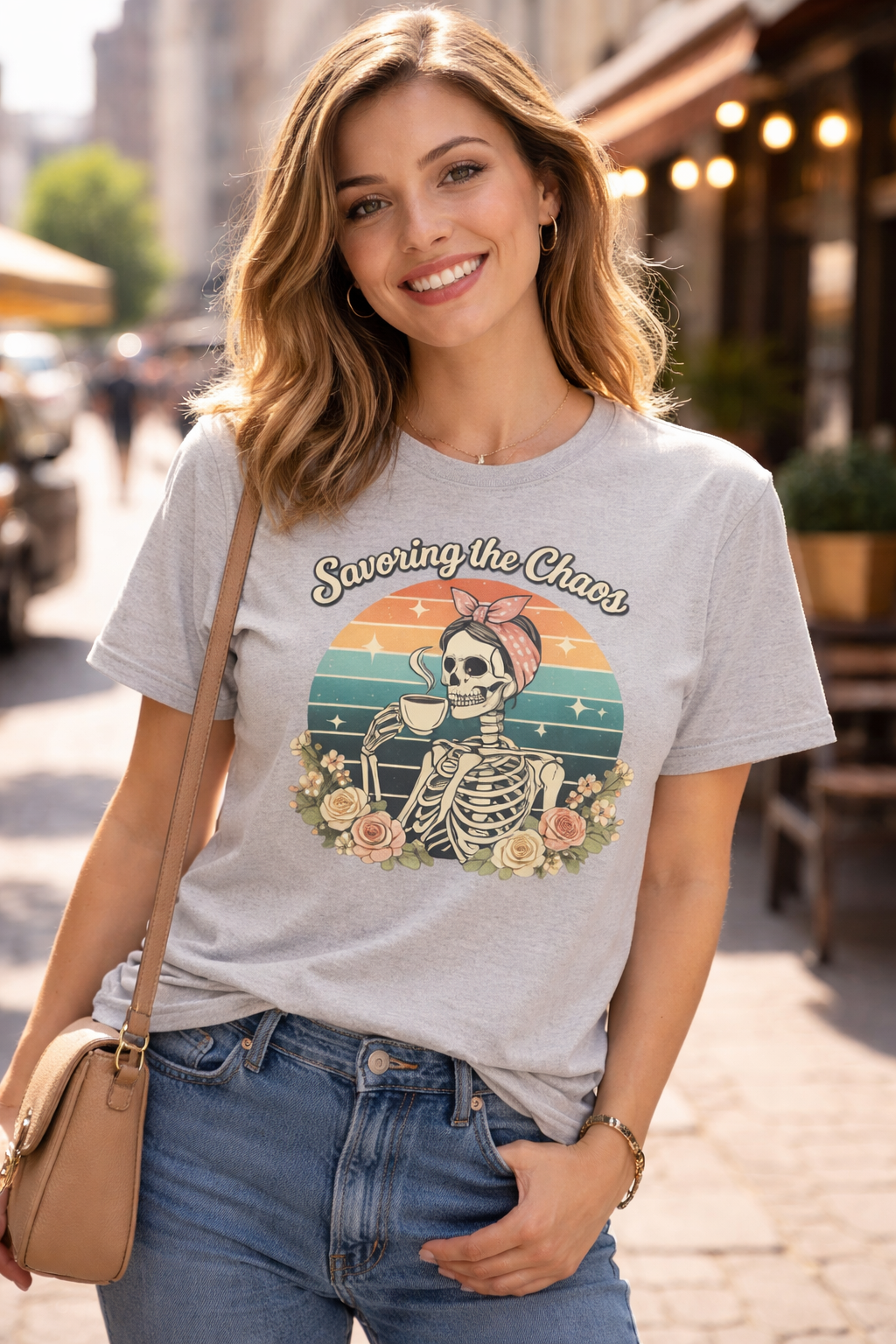 Retro Skeleton Coffee Shirt, Savoring the Chaos Graphic Tee, Vintage Cozy Aesthetic Unisex T-Shirt