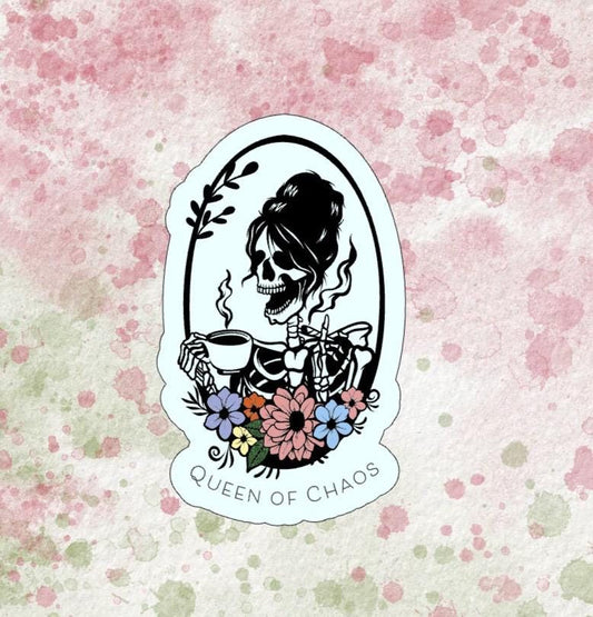 Queen of Chaos Sticker – Funny Skeleton Decal for Laptop, Tumbler, Water Bottle • Water-Resistant Vinyl Sticker • Gift for Moms