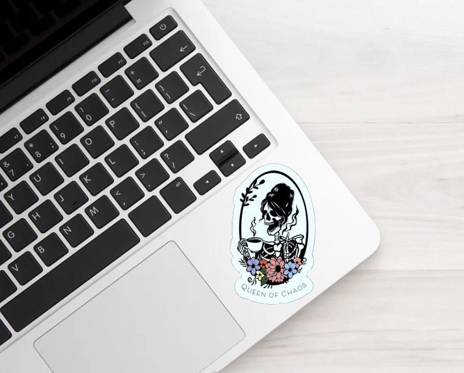 Queen of Chaos Sticker – Funny Skeleton Decal for Laptop, Tumbler, Water Bottle • Water-Resistant Vinyl Sticker • Gift for Moms