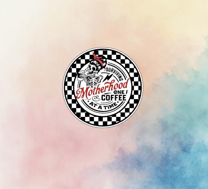 Surviving Motherhood Water-Resistant Sticker – Funny Mom Decal for Laptop, Tumbler, Water Bottle • Gift for Coffee Loving Moms • Rockabilly